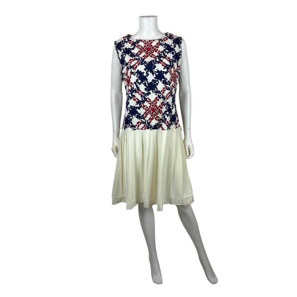 Vintage 70s Mod Dress Womens Medium Red Navy Sleeveless Pattern Top & Pleated